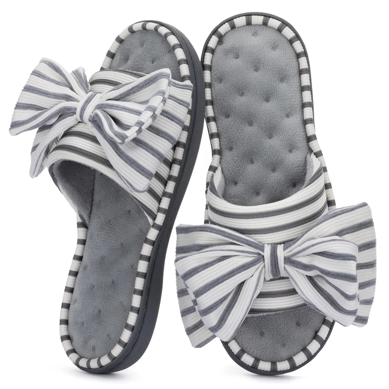 ULTRAIDEAS Women's Memory Foam Open Toe Slide Slippers with Cute Bowknot, Ladies' Slip on House Shoes Spa Slippers with Indoor Outdoor Anti-Skid Rubber Sole,Grey,3-4 uk