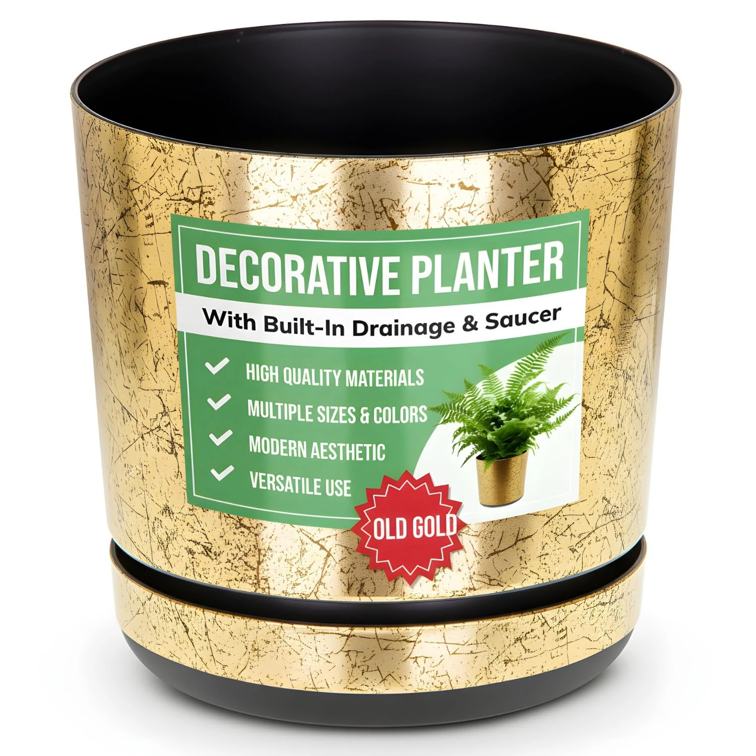 KORAD OLD GOLD flower indoor plant pot with saucer plastic gloss modern decorative planter with drainage holes (16cm - 6.3 inch)