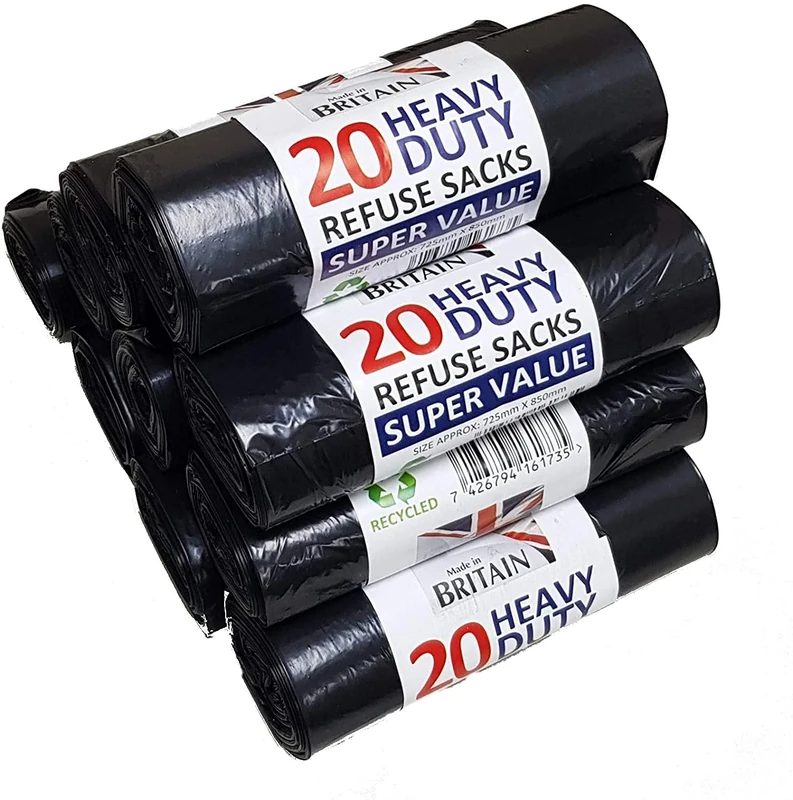 200 Heavy Duty Black Bin Liners Refuse Sacks Bin Bag Rolls - Made in Britain