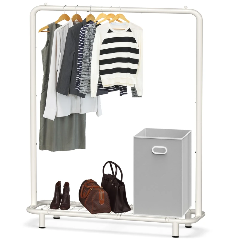 Simple Houseware Clothing Rack with Industrial Pipe and Bottom Shelves, White