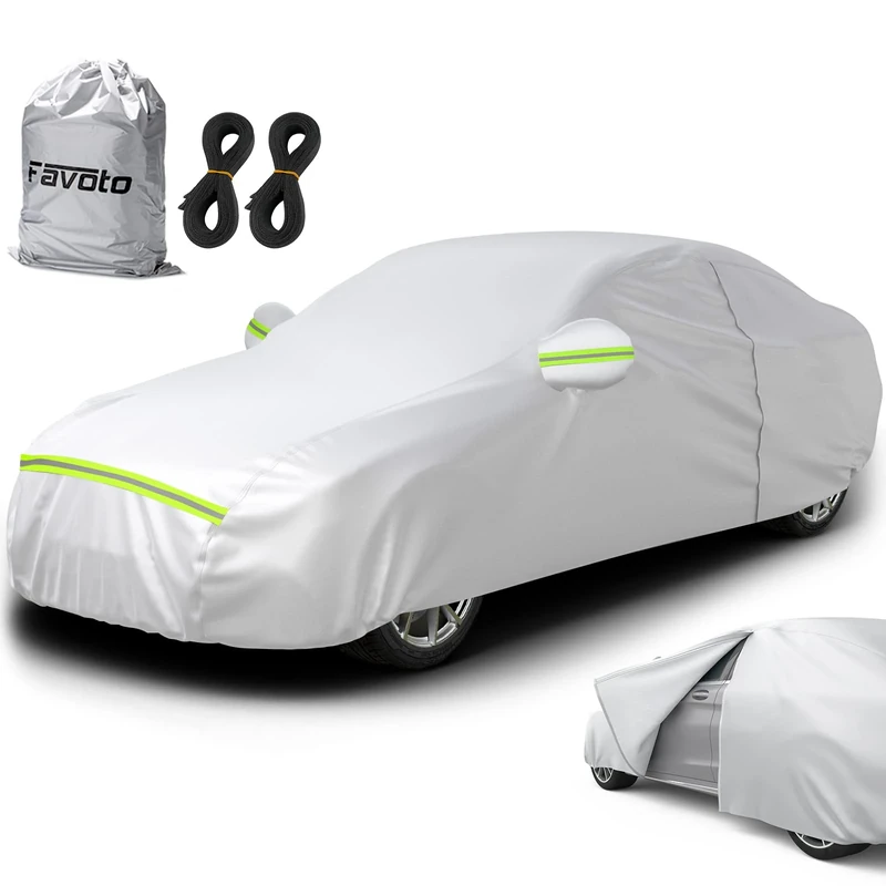 Favoto Car Tarpaulin - Full Garage Dustproof & Waterproof Car Cover for Winter & Summer, 450-495 cm, Silver, 2.95 kg