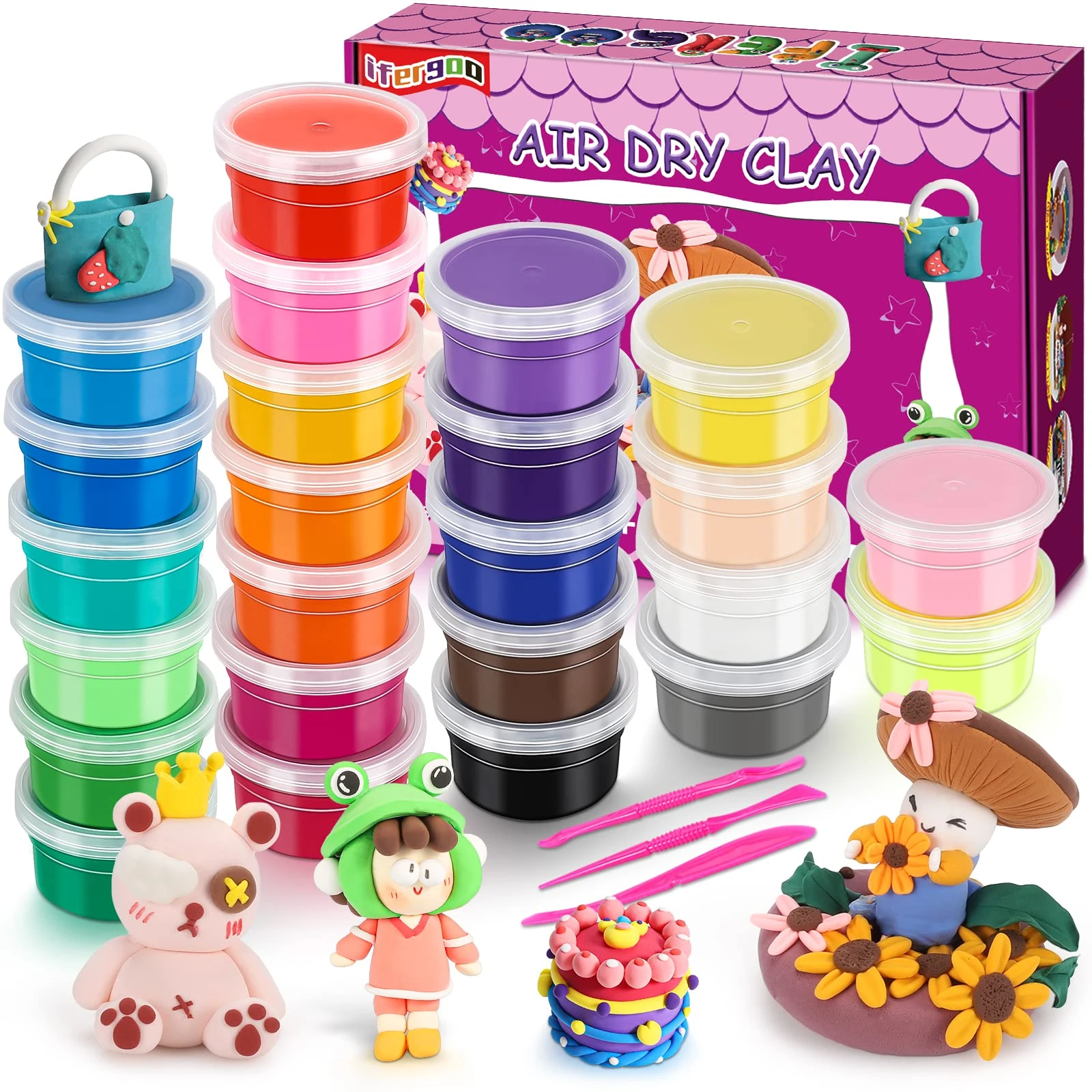 Air Dry Clay, 24 Colors Ultra Light Modeling Clay, iFergoo Magic Clay DIY Creative Modeling Dough with Project Booklet