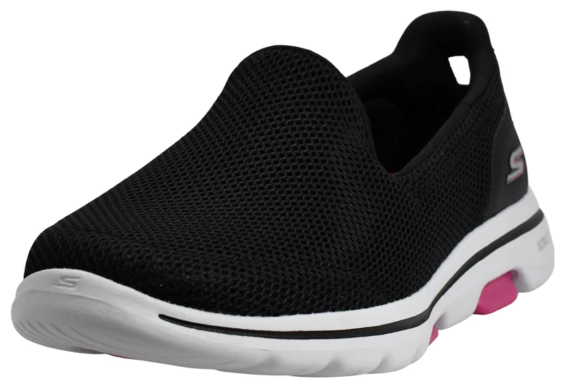 Skechers Women's GO Walk 5 Slip On Trainers, Black Textile Hot Pink Trim, 2 UK