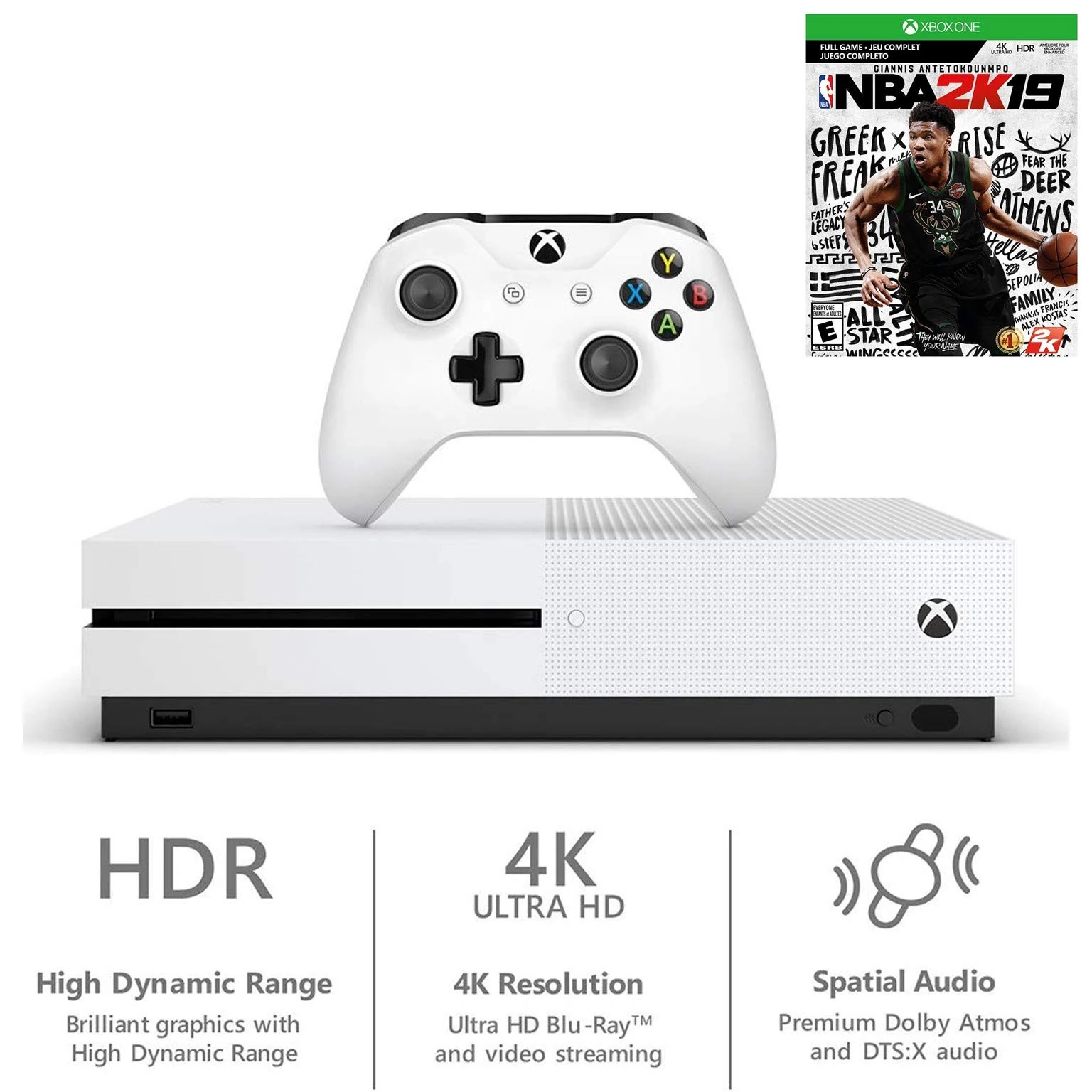 Xbox One S 1TB NBA 2K19 Bundle: Xbox One S 1TB Console, NBA 2K19 Game, Xbox Live 3-Month Gold Card, Xbox Wireless Controller, Choose Favorite Games Accessories