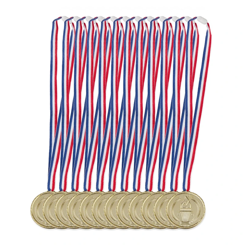 Relaxdays Children’s Gold Medals Set of 12, Ribbon, Torch, Reward Gift, Party Favours, Trophy Set, 5 cm Ø, Plastic, Golden, Polyester