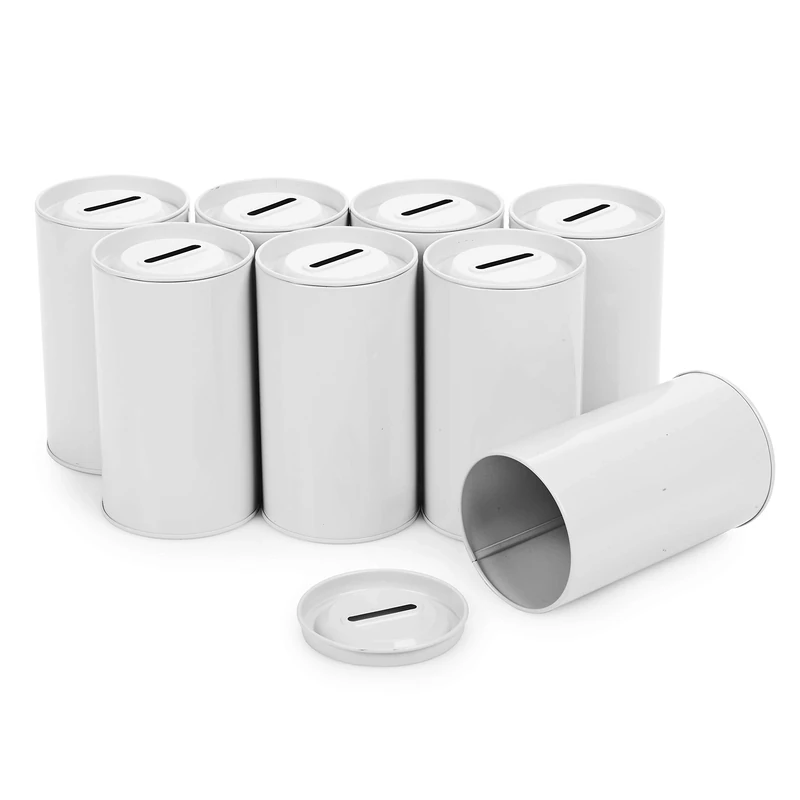 Cylinder Tin Charity Donation Coin Collection Tube Ticket and Suggestion Box 5"H x 3" Diameter Tip Canister with Removable Cover with slot (8 Pack) White
