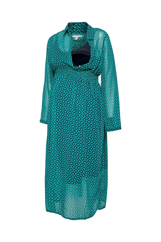 ESPRIT Maternity Women's Dress Maxi Nurs Ls AOP Dress, Green (Teal 372), 10 (Manufacturer Size: 36)
