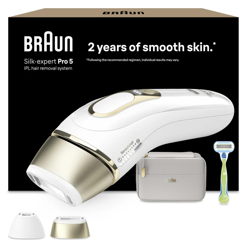 Braun IPL Silk Expert Pro 5, Visible Permanent Hair Removal for Women & Men with Venus Razor and Precision Head, Premium Pouch, Alternative for Laser Hair Removal, PL5124, White/Gold