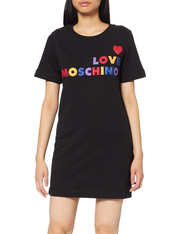 Love Moschino Women's Short Sleeve Dress Heart and Multicoloured Embossed Logo Print Dress, Black (Black C74), 10 (Manufacturer Size: 40)