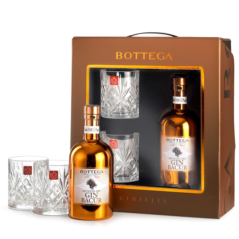 Bottega Gin Gift Set - Bottega Distilled Dry Gin Bacûr 40% 500ml & 2 Melodia Glasses