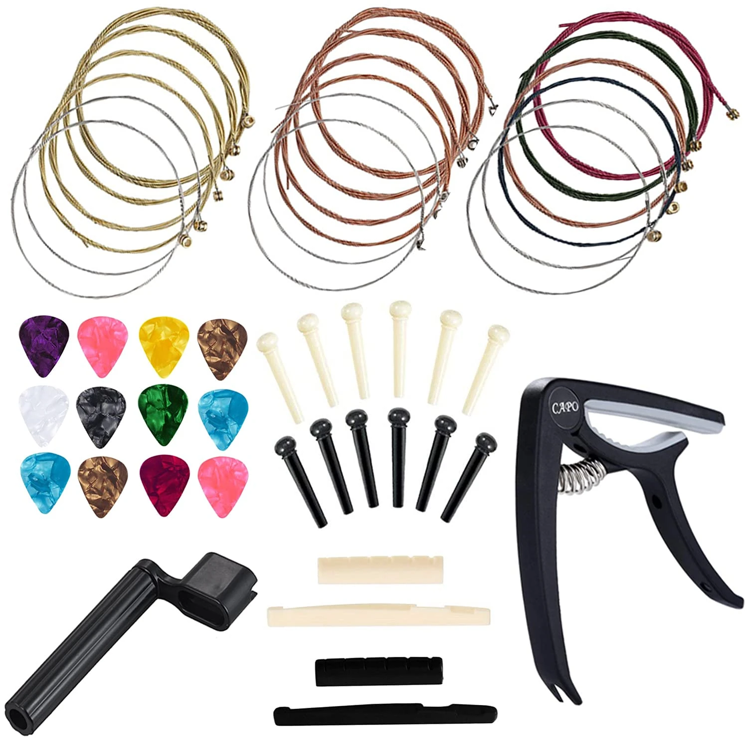 Anvin Acoustic Guitar Accessories Kit - Strings, Picks, Capo, Winder, Bridge Pins (48 Pcs)