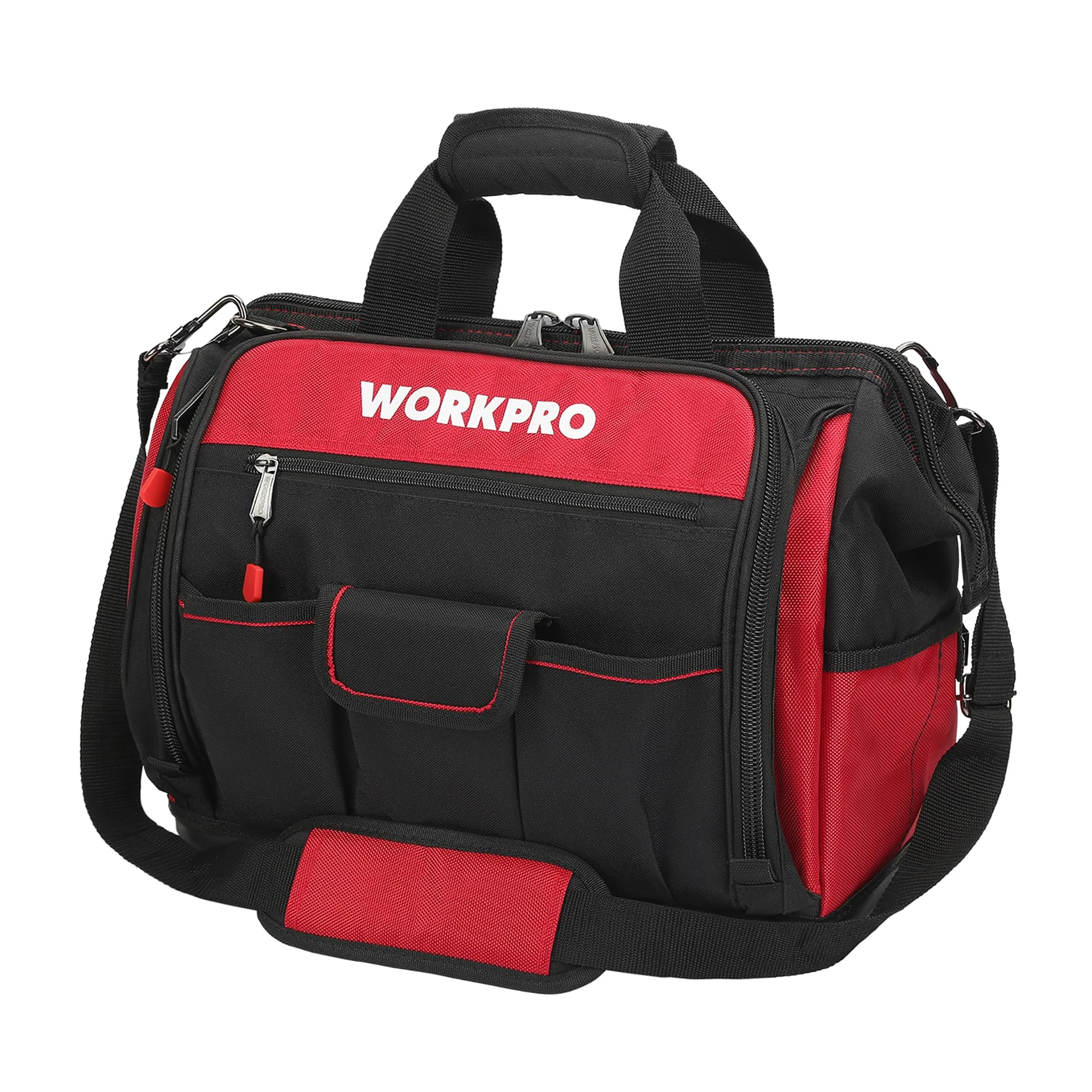 WORKPRO 16-Inch Tool Bag, Heavy Duty Tool Storage Organizer with Waterproof Hard Base, Wide Mouth Open Large Capacity, 39 Pockets with Elastic and Hook, Perfect for Tradesman, Electrician, Repairman