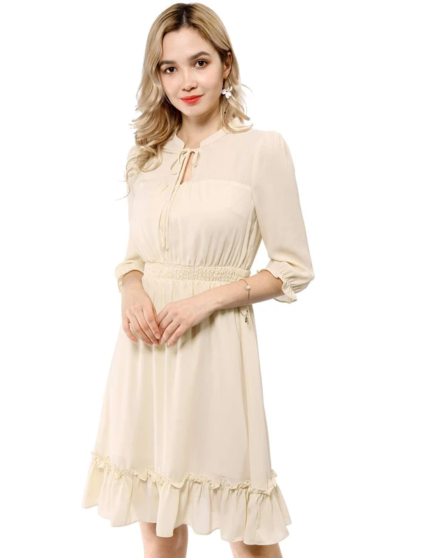Allegra K Women's Ruffle Hem 3/4 Sleeve Smocked A-Line Short Chiffon Dress Beige M-12 - Image 1