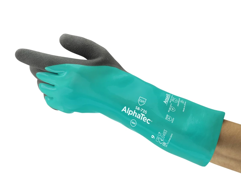 Ansell AlphaTec 58-735 Work Gloves Nitrile, Chemical and Cut Protection, Heavy Duty Safety Glove, Industrial PPE Workwear, Chemical and Mechanical Resistant, Green, Size L (6 Pairs)