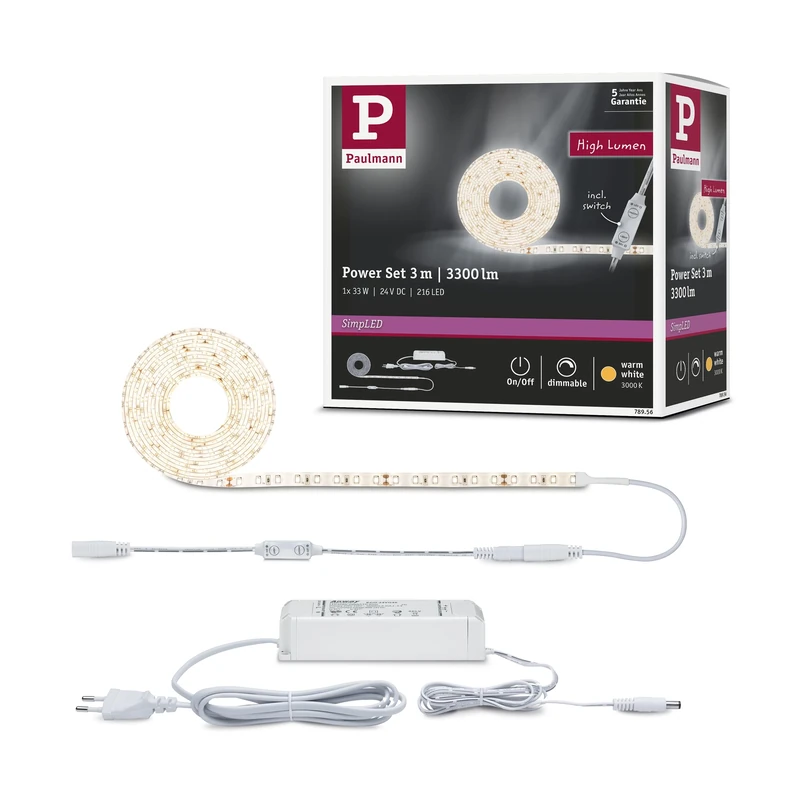 Paulmann 78956 LED Strip SimpLED Power 3m with Cord dimmer 1100lm/m incl. 1x33 watt IP44 dimmable Lighting Strip White Plastic LED Strip 3000 K