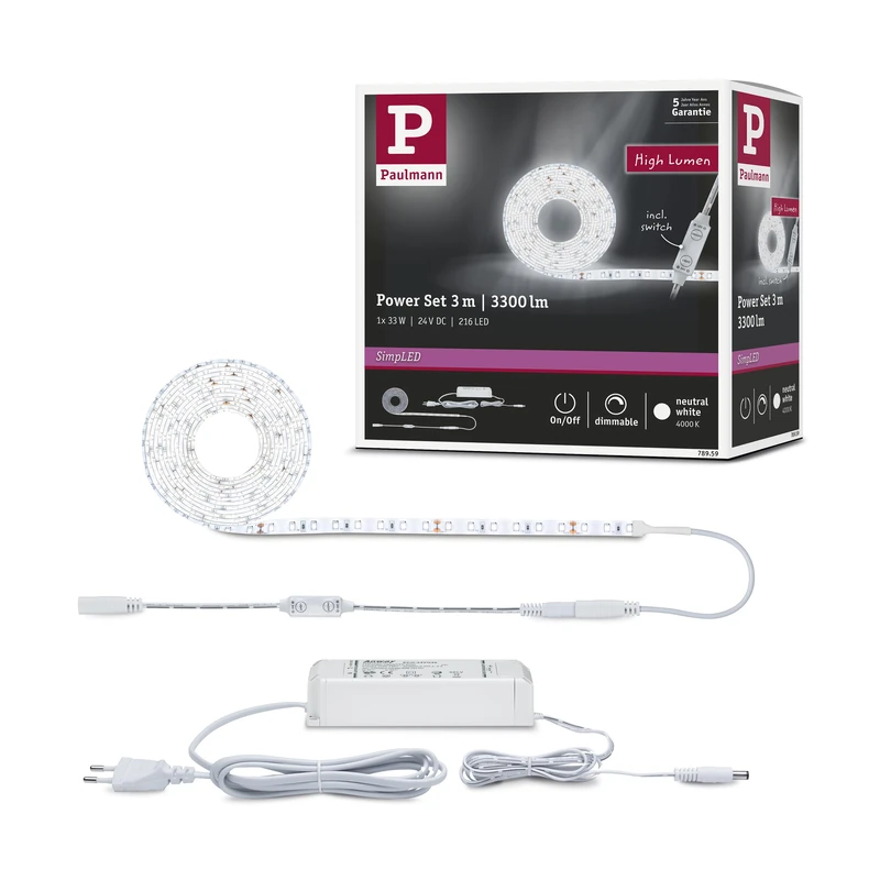 Paulmann 78959 LED Strip SimpLED Power 3m with Cord dimmer 1100lm/m incl. 1x33 watt IP44 dimmable Lighting Strip White Plastic LED Strip 4000 K