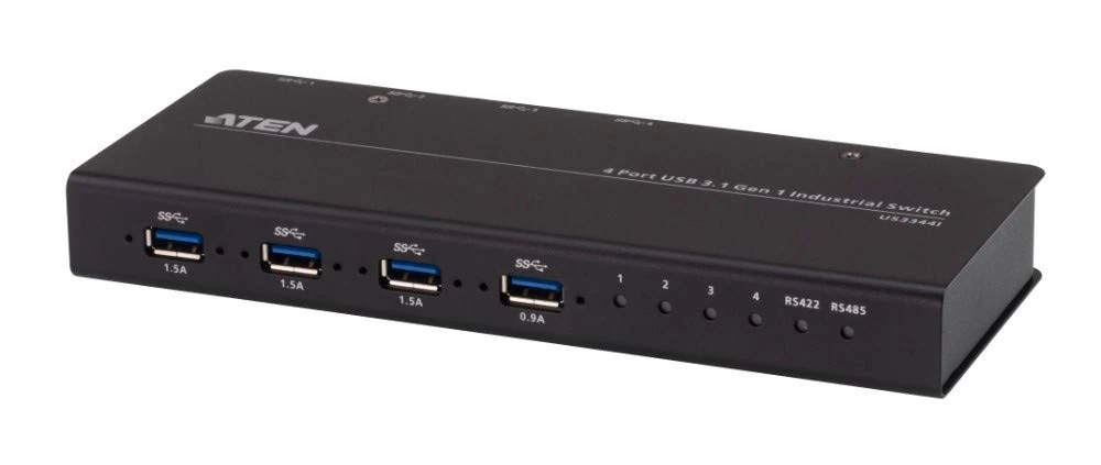 ATEN 4 x 4 USB 3.1 Gen 1 Industrial Hub Switch US3344I, Enables 4 computers to share 4 USB 3.1 Gen1 devices (RS-422/RS-485), Black