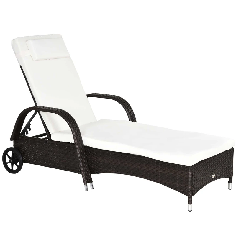 Outsunny Garden Rattan Furniture Single Sun Lounger Recliner Bed Reclining Chair Patio Outdoor Wicker Weave Adjustable Headrest with Fire Retardant Cushion - Brown