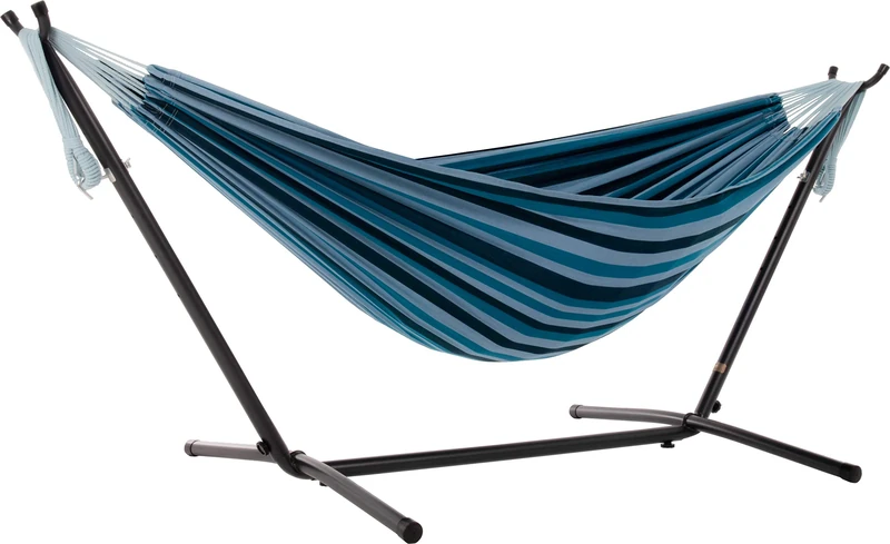 Vivere UHSDO8-34 Double Cotton Hammock with Space-Saving Steel Stand Including Carrying Bag, Blue Lagoon