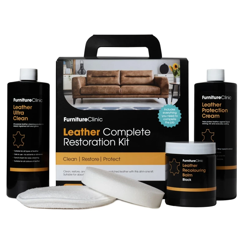 Leather Complete Restoration Kit (Dark Grey) - Contains Leather Recolouring Balm, Protection Cream, Cleaner, Sponge and Applicator - Restore and Repair Sofas, Chairs, Car Seats and More