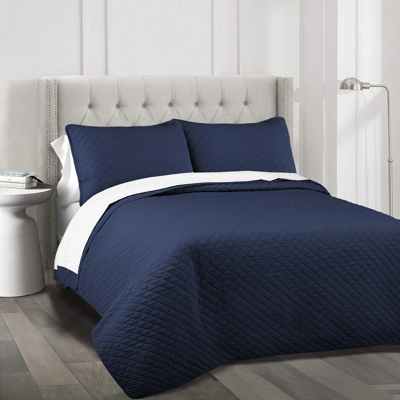 Lush Decor Ava Diamond Oversized Cotton 3 Piece Quilt Set, Full/Queen, Navy, Polyester