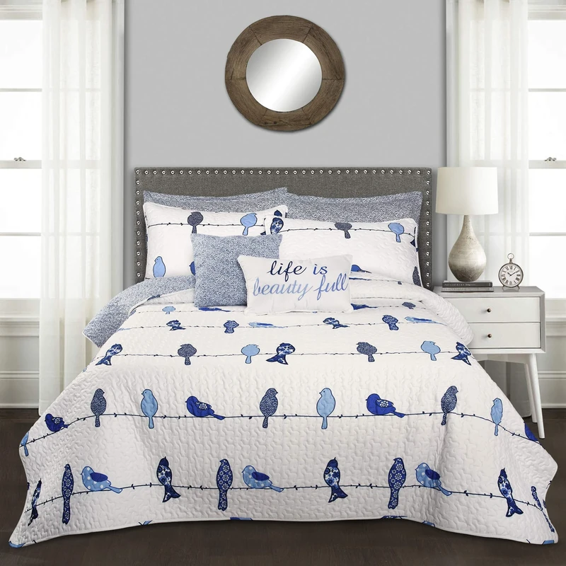 Lush Decor Rowley Birds Quilt Navy 7Pc Set King
