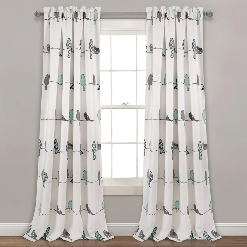 Lush Decor Rowley Birds Vorhänge, verdunkelndes Fensterpaneel-Set für Wohnzimmer, Esszimmer, Schlafzimmer (Paar), 132 x 240 cm, Blau und Grau
