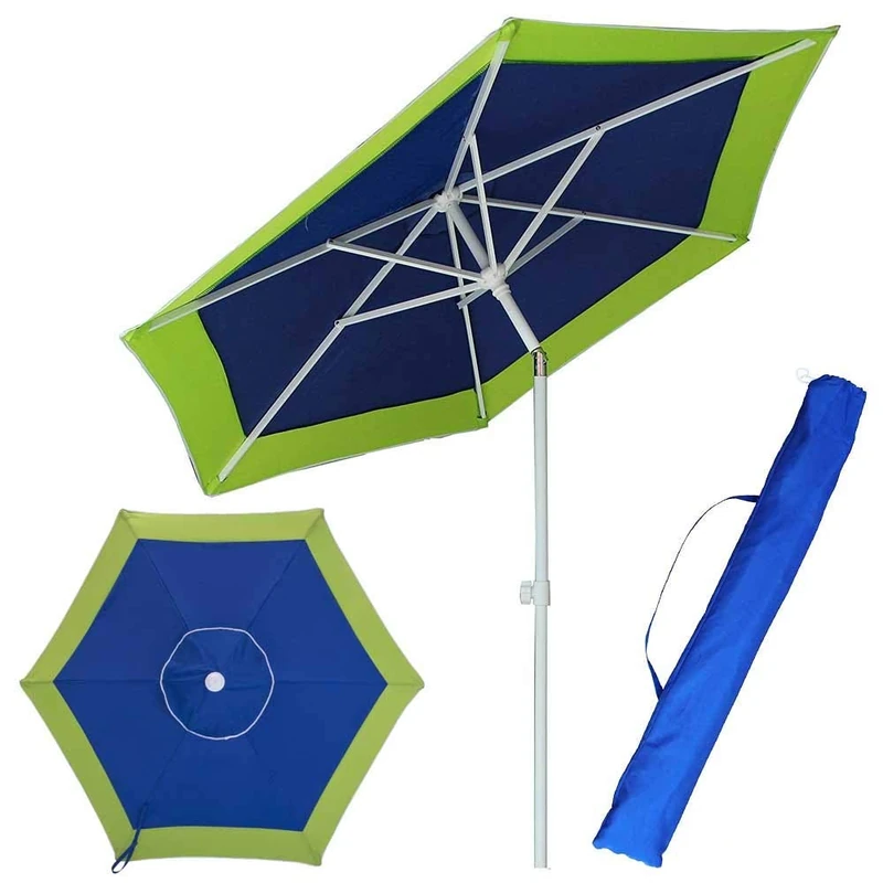 BAKAJI Beach Umbrella for Beach and Garden with Steel Pole, Anti-UV Fabric Coating Diameter 210 cm with Shoulder Strap, green, Ø 210 cm, simple and minimal