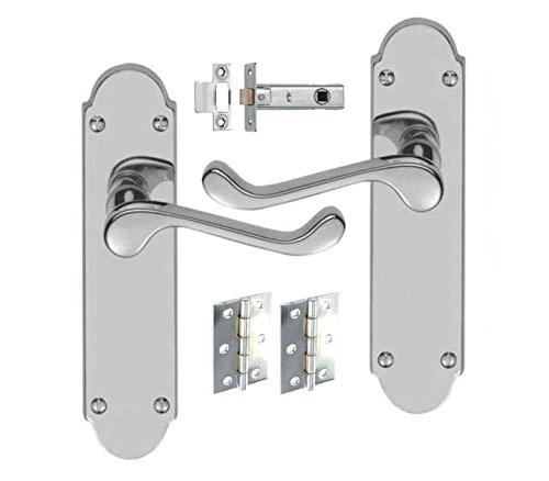 HANDLESTORE Shaped Scroll Door Handle Pack – Polished Chrome Lever on Backplate with 2.5" Tubular Latch & 3" Hinges
