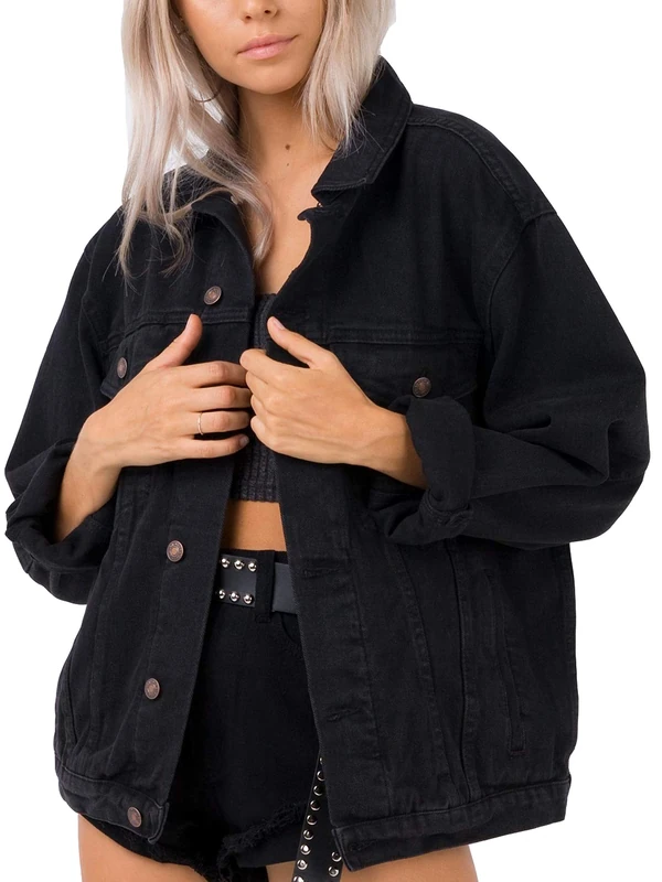 Justalwart Women's Oversized Vintage Denim Jacket Long Sleeve Boyfriend Coat, Black Washed, S