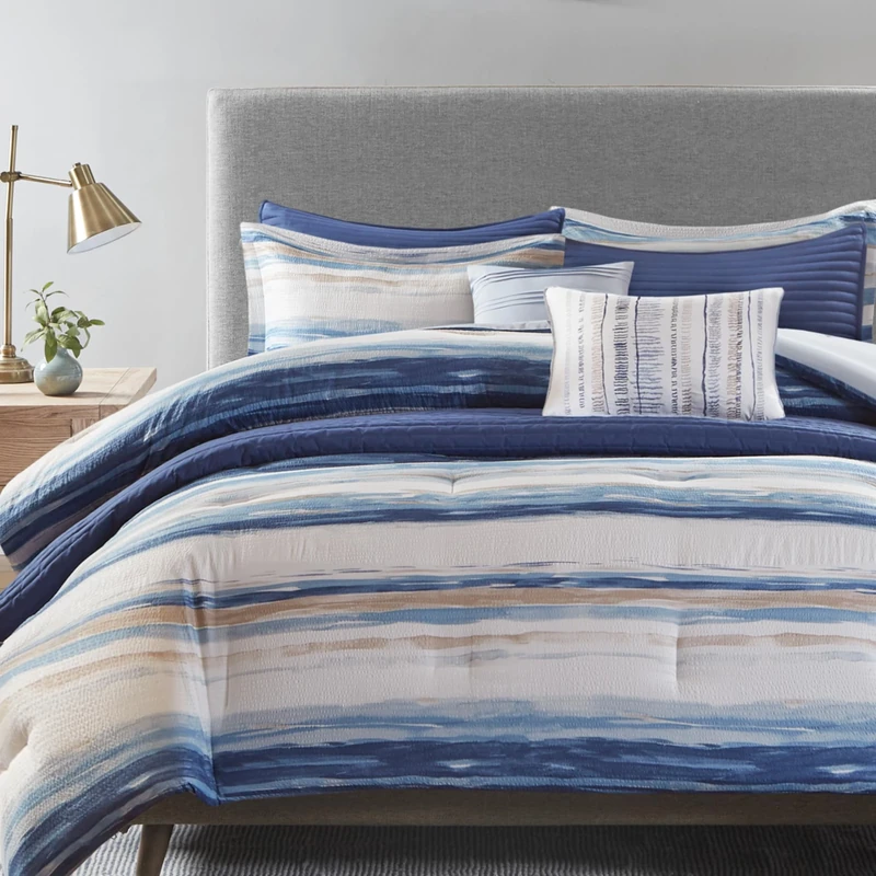 Madison Park All Season Down Alternative Bedding, Matching Shams, Decorative Pillows, Polyester, Marina Coastal Stripes Blue, California-King