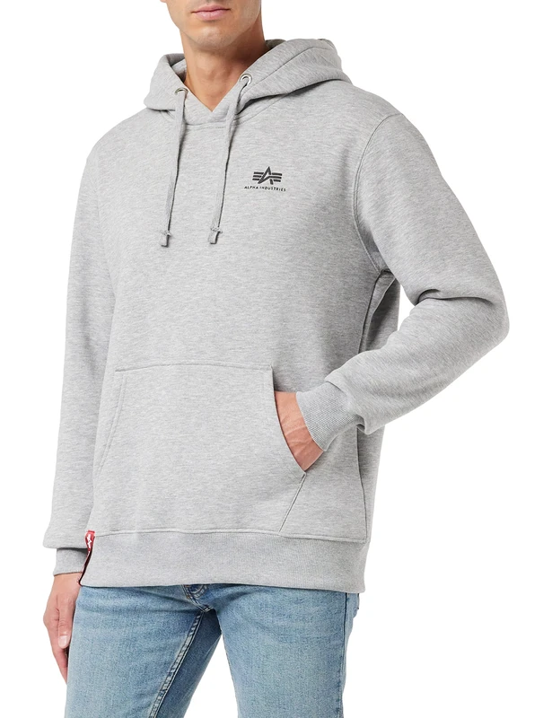 Alpha Industries Men's Basic Hoody Small Logo Hooded Sweat Sweatshirt, Grey Heather, L