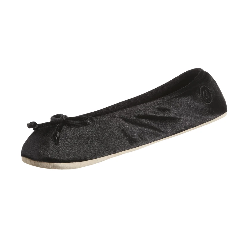 Isotoner Women's Satin Ballerina Slipper with Bow, Suede Sole, Black, 4.5/5.5 UK