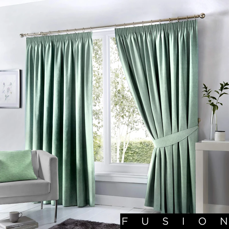 Fusion Dijon Blackout Pencil Pleat Lined Curtains, Duck Egg, 90 x 54 Inch