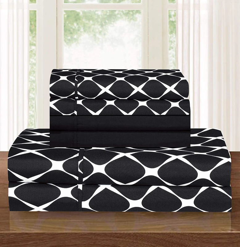 Elegant Comfort Luxury Softest and Coziest 6-Piece Bed Sheet Set, Wrinkle Resistant Milano Trellis Pattern-1500 Thread Count Egyptian Quality Microfiber Bedding Set, Full, Black