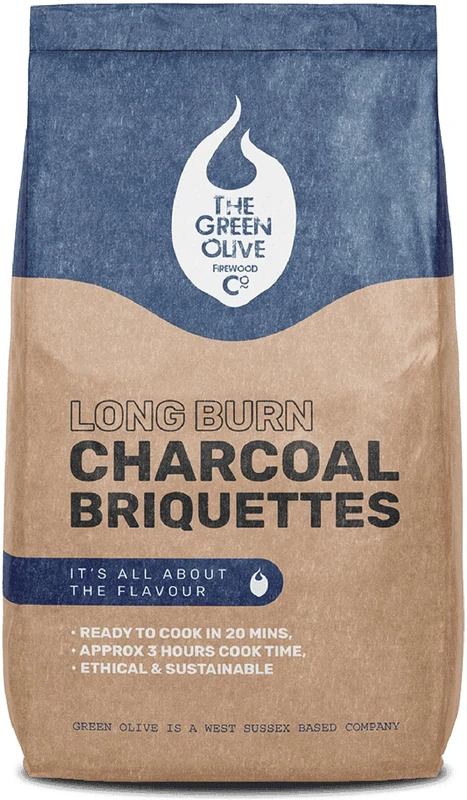 Green Olive Firewood - 1 x 4kg Bag - Long Burn BBQ Charcoal Briquettes, Use for Charcoal Barbecues and Smokers. Natural and Sustainable, Quick Lighting and Long Burn Time