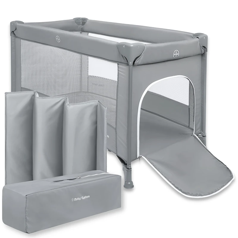 Moby-System Baby Travel Cot – 2in1 Cot and Playpen - Anti-Folding Protection System - Load Capacity up to 15 kg - Side Opening, Wheels, Quick Folding with Carry Bag
