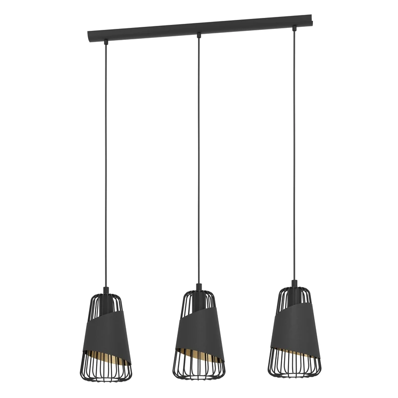 Eglo Pendant Light Austell, 3-Light Hanging Lamp Industrial Vintage, Pendant Lamp Made of Steel and Textile in Black Gold, Dining Table Lamp, Hanging Living Room Light with E27 Socket