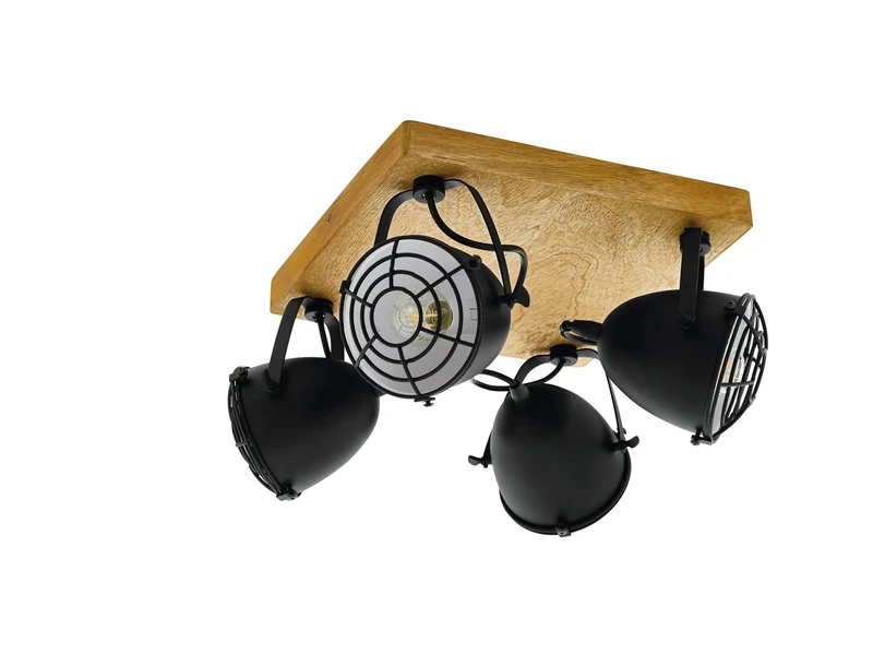 Eglo Gatebeck Ceiling Light, 4-Flame Vintage Ceiling lamp, Industrial Retro Spotlight Made of Black Steel and Natural Wood, Living Room lamp, Kitchen lamp with E14 Socket
