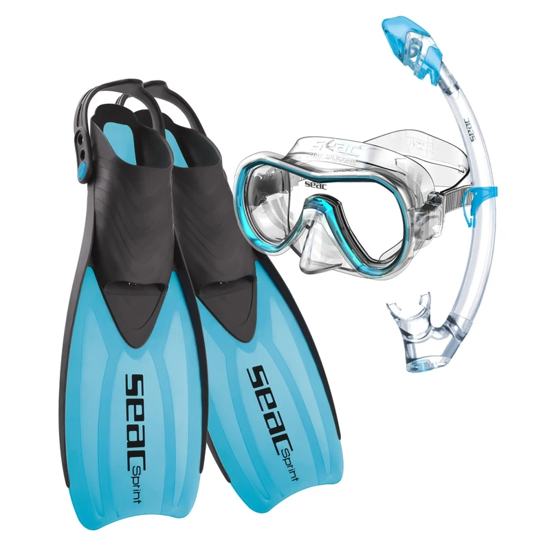 SEAC Unisex-Youth Set Sprint Dry Package with Dive Mask, Snorkel and Open Heel Fins, for Kids and Adults