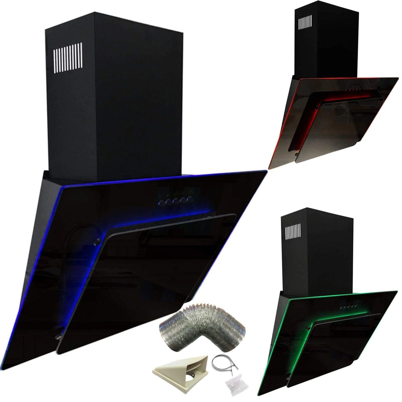 SIA AGE71BL 70cm Black Glass Angled Kitchen Cooker Hood Chimney Extractor Fan With Red Blue & Green LED Edge Lit Mood Lighting & 3m Ducting Kit
