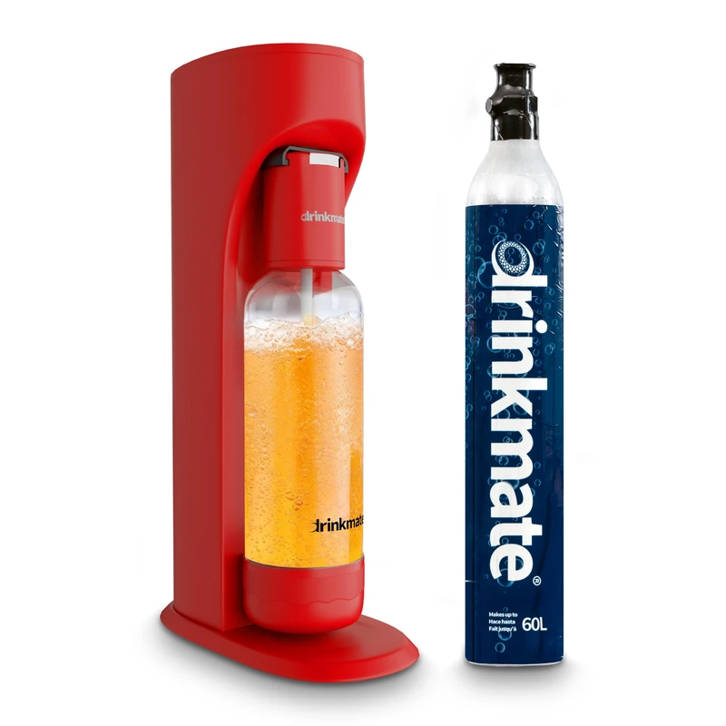 Drinkmate Sparkling Cocktail Mocktail Wine Juices and Water Maker, Carbonates Any Drink with Push-Button Simplicity, with 1L bottle and 60 Litre CO2 cylinder, Royal Red