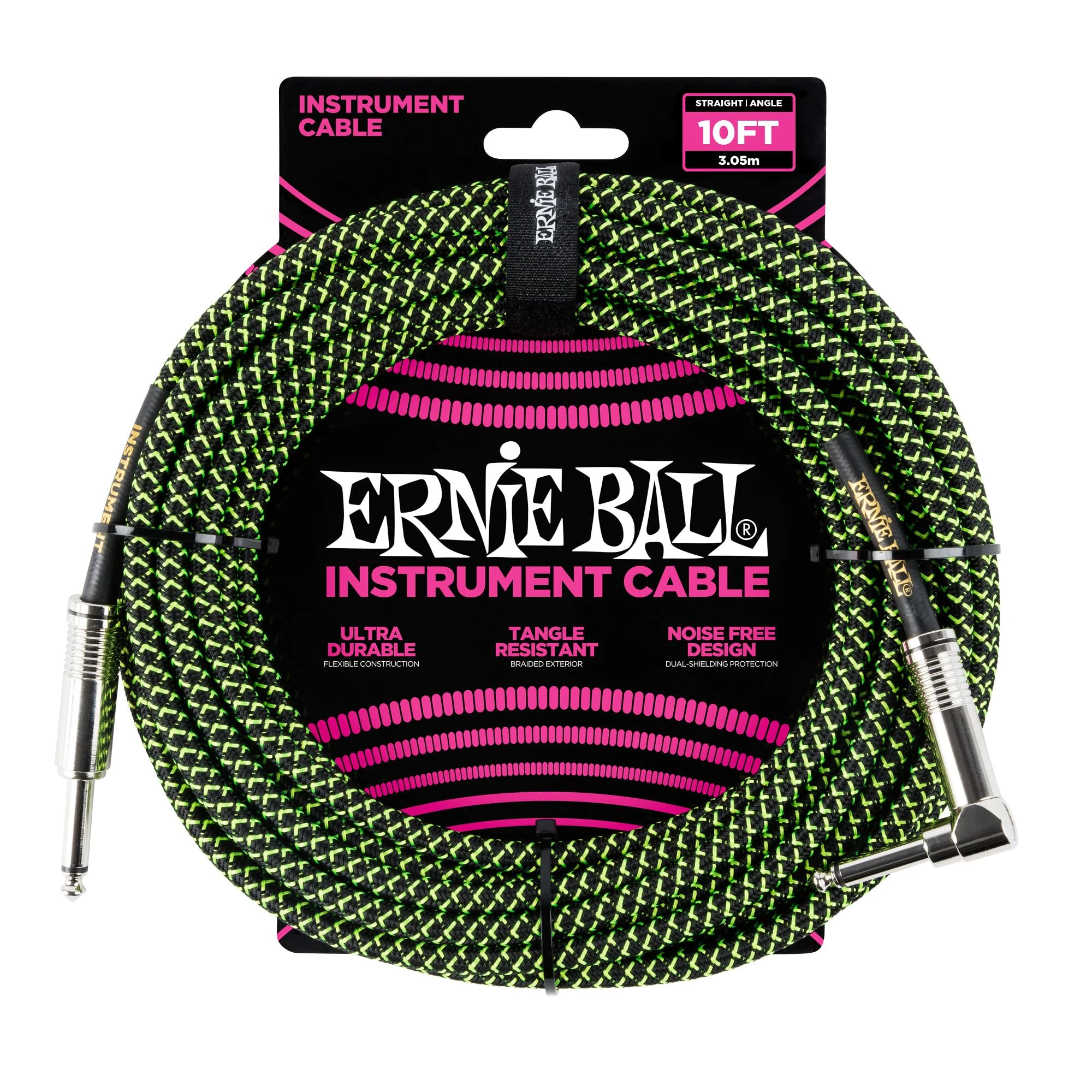 Ernie Ball 10 ft Braided Straight Angle Instrument Cable - Black/Green