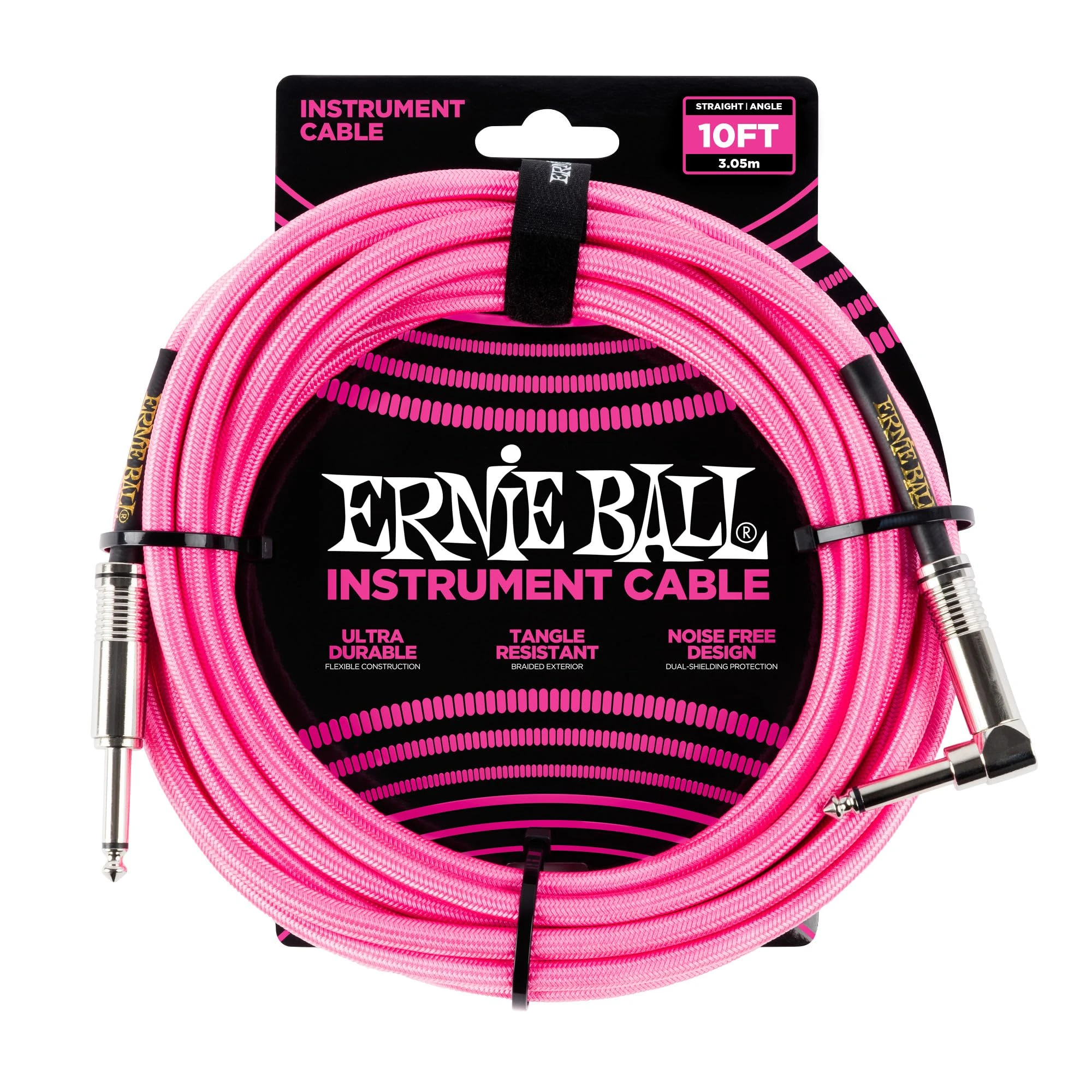 Ernie Ball P06078 10 ft Braided Straight Angle Instrument Cable - Neon Pink