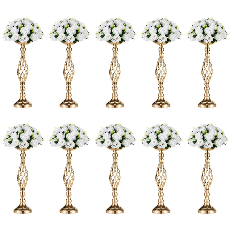 Nuptio Versatile Flower Arrangement Metal Candle Holder Stand Set for Wedding Party Dinner Events Restaurant Hotel Decoration (Gold, 10xM)