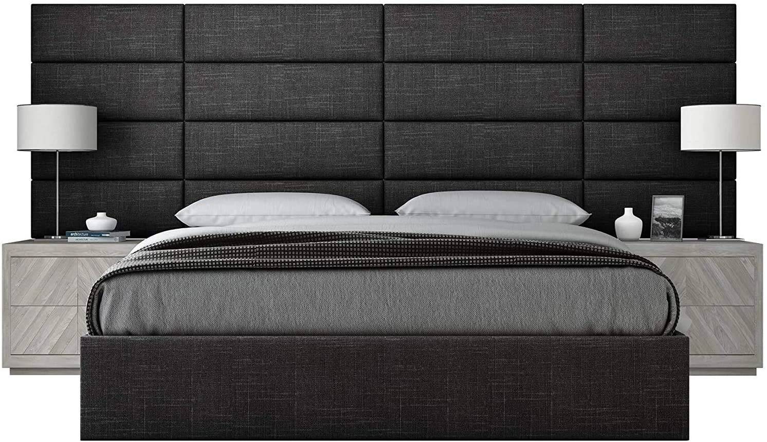 VANT Upholstered Accent Wall Panels - Packs of 4 - Easy to Install - Twin-King Size Headboard (76cm Wide, Cotton Weave Black Denim)