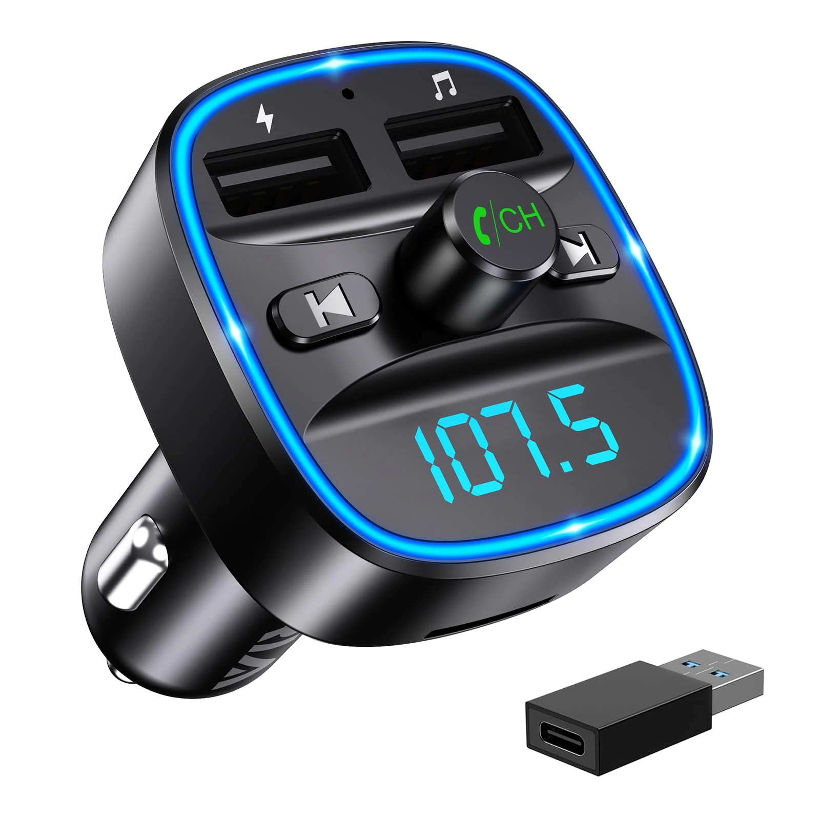 ORIA Bluetooth 5.3 FM Transmitter for Car, Bluetooth Car Music Wireless Radio Adapter, Universal Car Charger with Dual USB Charging, Support TF Card & USB Disk (USB-C Converter Included)