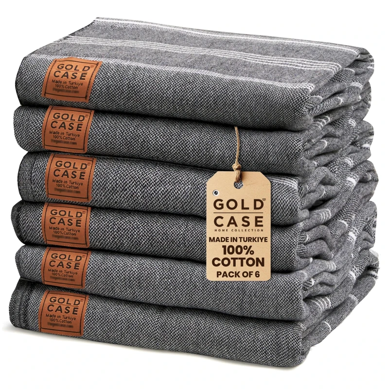 Gold CASE Turkish Beach Towel - Set of 6-100% Cotton - 70x38 inches XXL Oversized - PRE-Washed - Quick Dry Sand Free Turkish Towel - Lightweight Bath Towels (Lycia-Black)