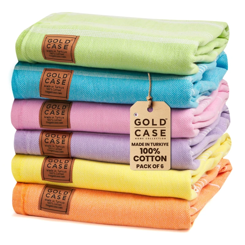 Gold CASE Turkish Beach Towel - Set of 6-100% Cotton - 70x38 inches XXL Oversized - Quick Dry Sand Free Turkish Towel Lightweight Bath Towels (Lycia-Multi2 Orange Yellow Turquoise Green Pink Lilac)