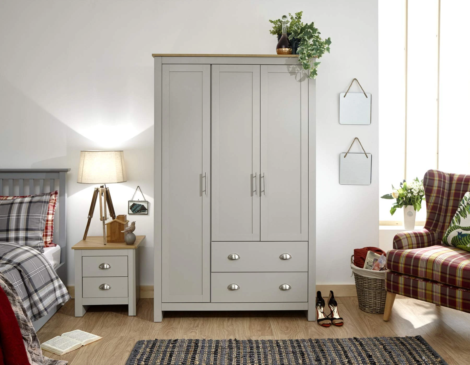 Home Source Wardrobe Grey Oak 3 Door 2 Drawer Two Tone Wooden Hanging Rail Bedroom Lancaster